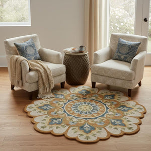 HomeRoots 5' Blue and Ivory Hand-Tufted Wool Area Rug with Floral Design for Elegant Home Décor and Comfort 6' Round 554453