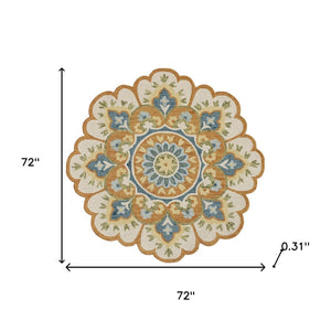 HomeRoots 5' Blue and Ivory Hand-Tufted Wool Area Rug with Floral Design for Elegant Home Décor and Comfort 6' Round 554453