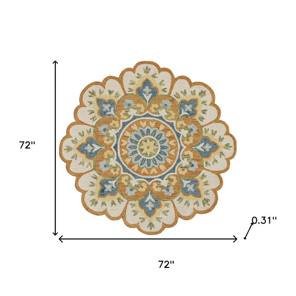 HomeRoots 5' Blue and Ivory Hand-Tufted Wool Area Rug with Floral Design for Elegant Home Décor and Comfort 6' Round 554453