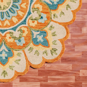 Homeroots 6' Orange And Blue Round Wool Floral Hand Tufted Area Rug Rust Wool 554453