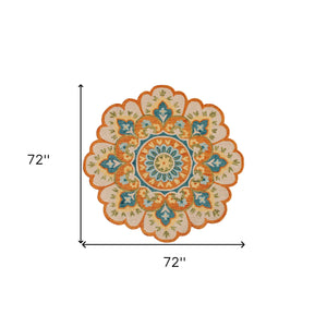 Homeroots 6' Orange And Blue Round Wool Floral Hand Tufted Area Rug Rust Wool 554453