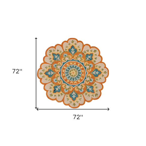 Homeroots 6' Orange And Blue Round Wool Floral Hand Tufted Area Rug Rust Wool 554453