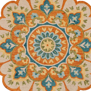 Homeroots 6' Orange And Blue Round Wool Floral Hand Tufted Area Rug Rust Wool 554453