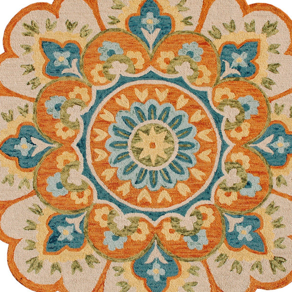 Homeroots 6' Orange And Blue Round Wool Floral Hand Tufted Area Rug Rust Wool 554453