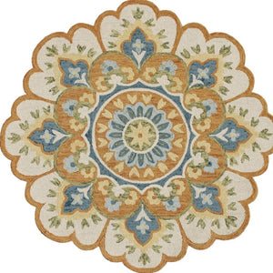 HomeRoots 5' Blue and Ivory Hand-Tufted Wool Area Rug with Floral Design for Elegant Home Décor and Comfort 6' Round 554453