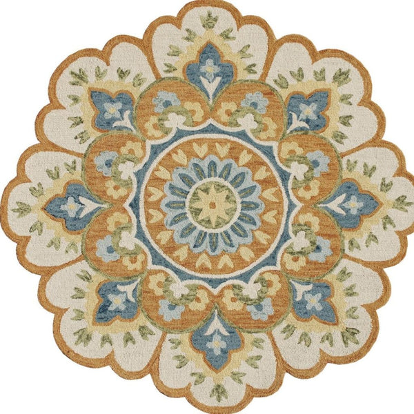 HomeRoots 5' Blue and Ivory Hand-Tufted Wool Area Rug with Floral Design for Elegant Home Décor and Comfort 6' Round 554453