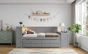 English Elm Full Size Pine Wood Platform Daybed with Led Headboard Desk Storage and Charging Gray N7090000475E-1
