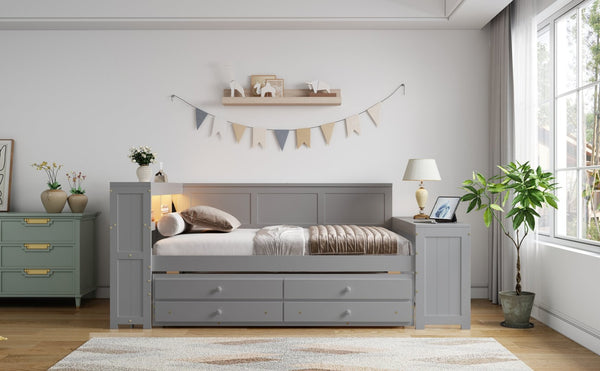 English Elm Full Size Pine Wood Platform Daybed with Led Headboard Desk Storage and Charging Gray N7090000475E-1