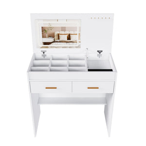 English Elm Flip Top Makeup Vanity Desk with Led Mirror Built-in Outlet and Jewelry Hooks W2699P404630