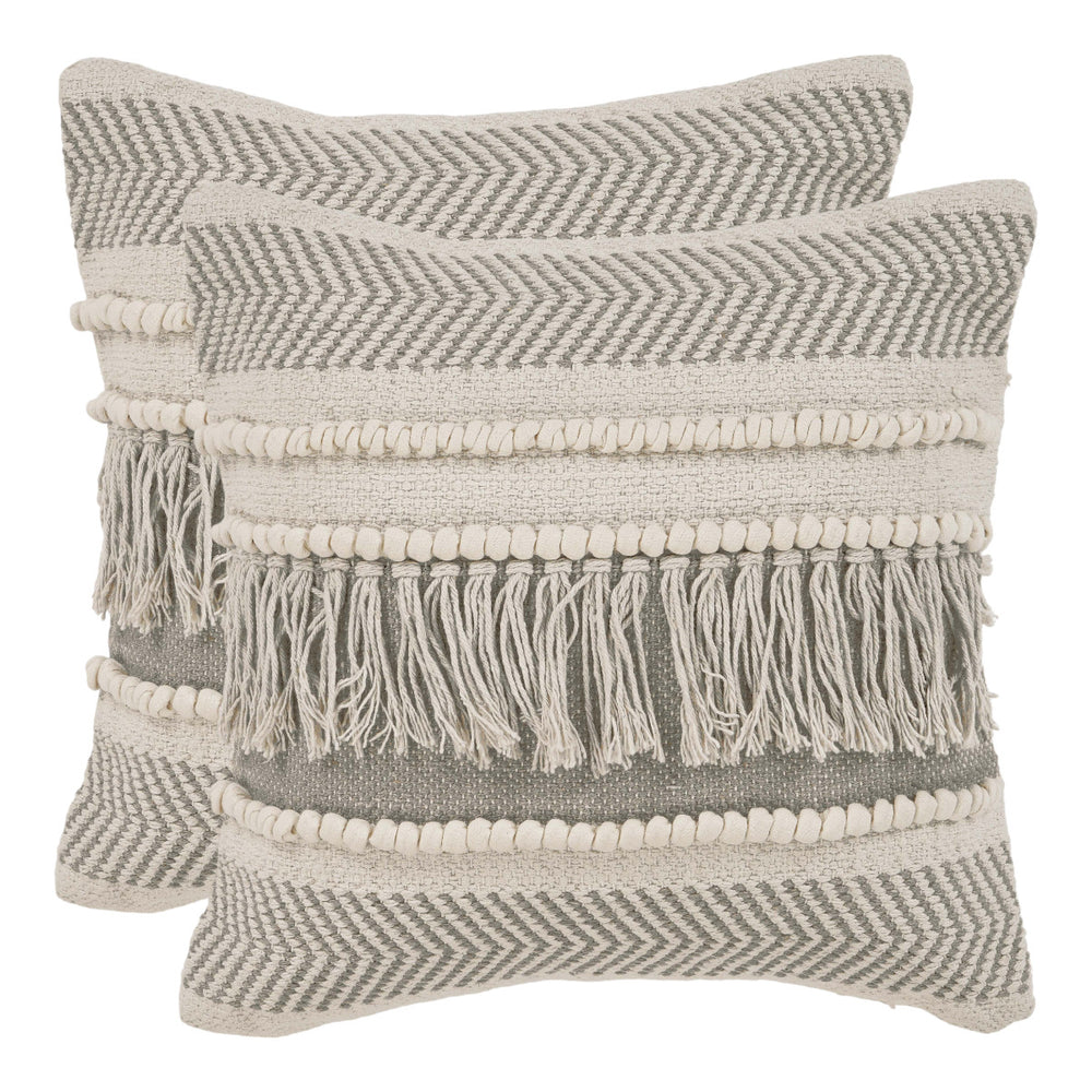 Homeroots Set Of Two Beige Striped Cotton Throw Pillow With Fringe   554567