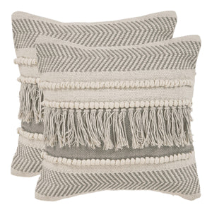 Homeroots Set Of Two Beige Striped Cotton Throw Pillow With Fringe   554567