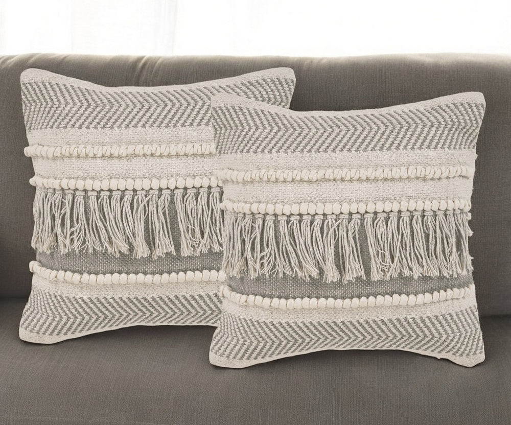 Homeroots Set Of Two Beige Striped Cotton Throw Pillow With Fringe   554567