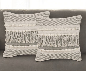 Homeroots Set Of Two Beige Striped Cotton Throw Pillow With Fringe   554567