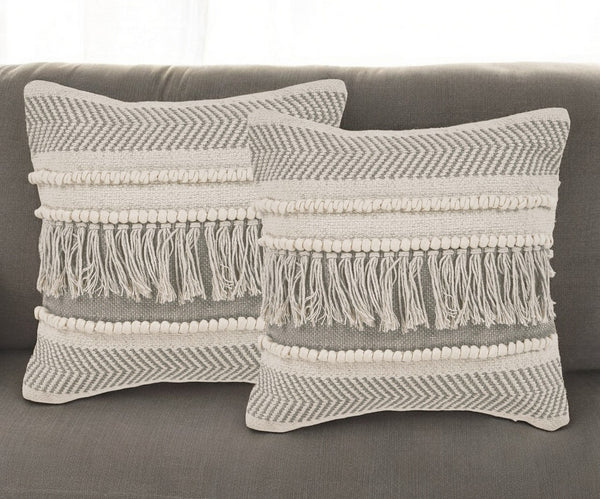 Homeroots Set Of Two Beige Striped Cotton Throw Pillow With Fringe   554567