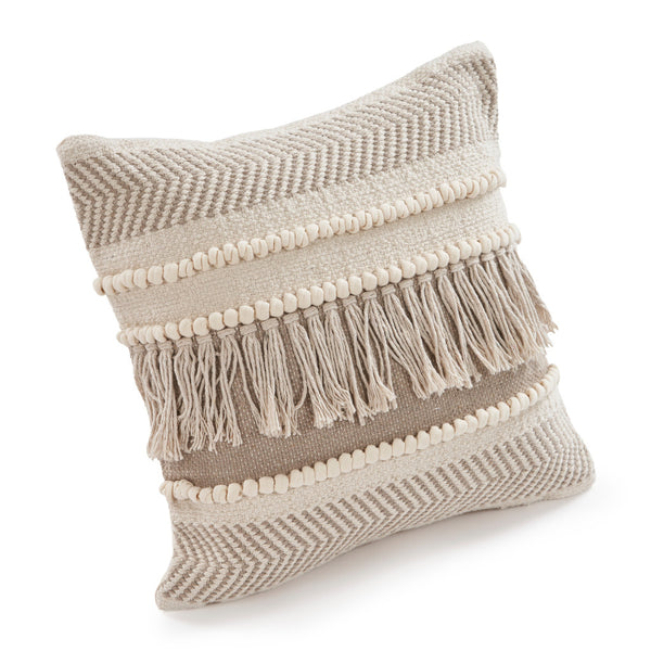 Homeroots Set Of Two Beige Striped Cotton Throw Pillow With Fringe   554567
