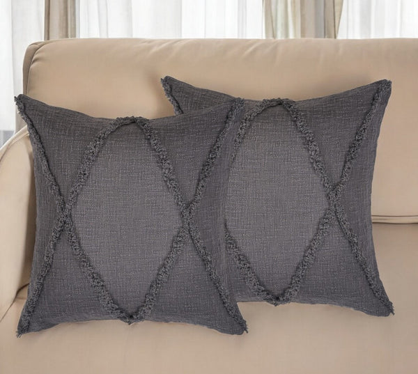 Homeroots Set Of Two Dark Gray Diamond Cotton Throw Pillow With Fringe Gray  554568