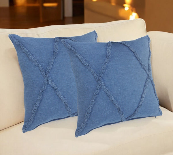 Homeroots Set Of Two Blue Diamond Cotton Throw Pillow With Fringe Blue  554586