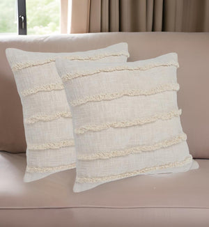Homeroots Set Of Two Beige Ribbed Cotton Throw Pillow With Fringe Beige  554605