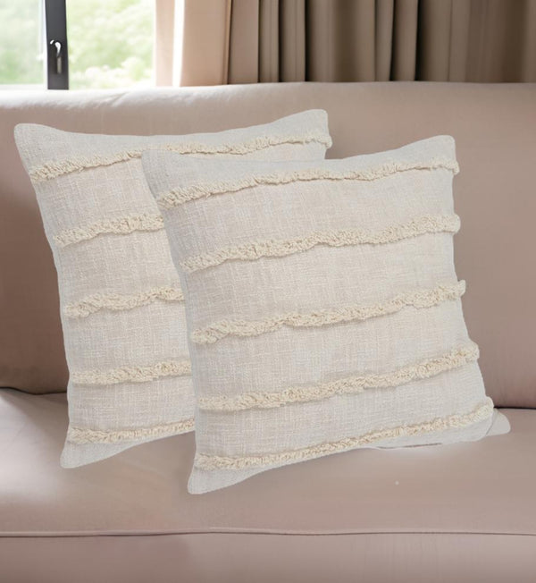 Homeroots Set Of Two Beige Ribbed Cotton Throw Pillow With Fringe Beige  554605