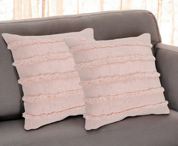 Homeroots Set Of Two Pink Ribbed Cotton Throw Pillows With Fringe Pink  554612