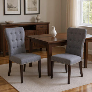 HomeRoots Set of Two Elegant Gray Tufted Fabric Side Chairs with Mango Wood Frame for Versatile Seating 554614