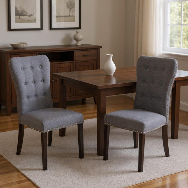 HomeRoots Set of Two Elegant Gray Tufted Fabric Side Chairs with Mango Wood Frame for Versatile Seating 554614