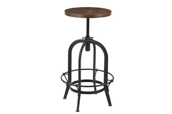 HomeRoots Brown Adjustable Height Swivel Bar Chair - Rustic Acacia Wood & Black Metal, Ideal for Home Bars 554617