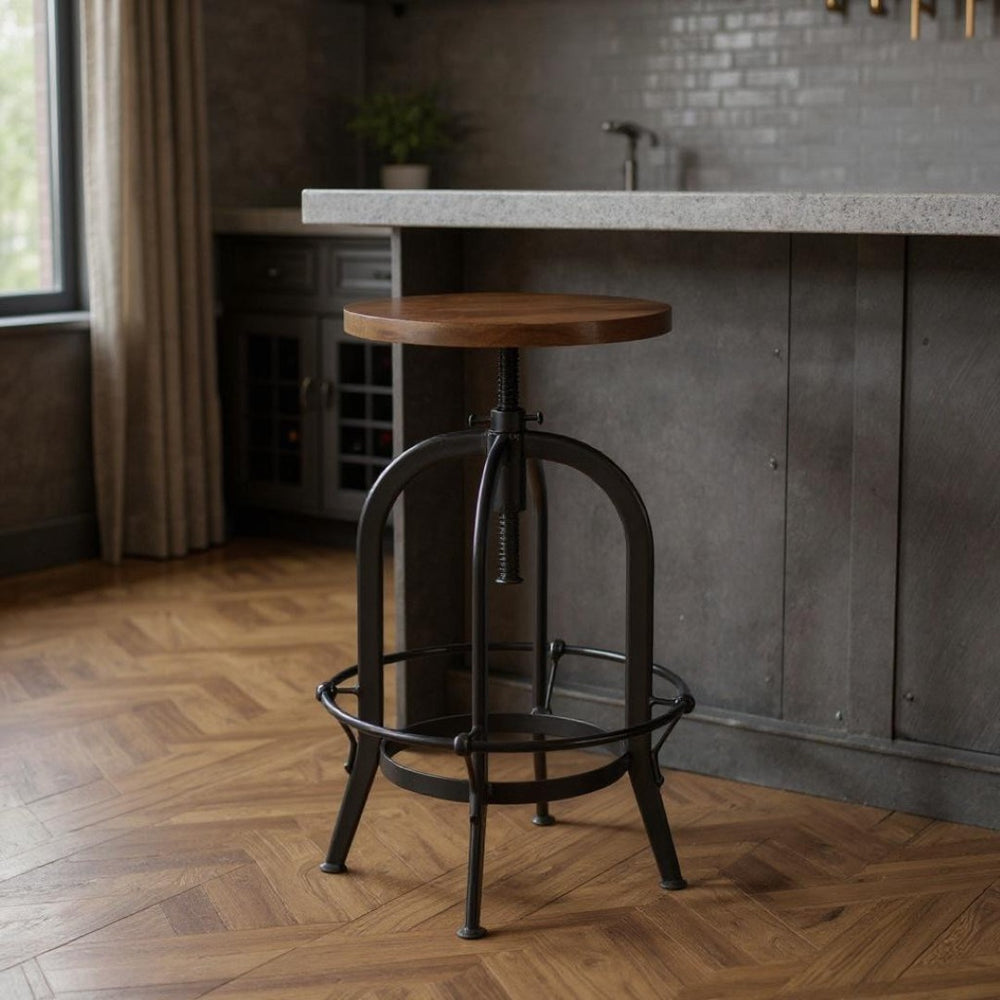HomeRoots Brown Adjustable Height Swivel Bar Chair - Rustic Acacia Wood & Black Metal, Ideal for Home Bars 554617