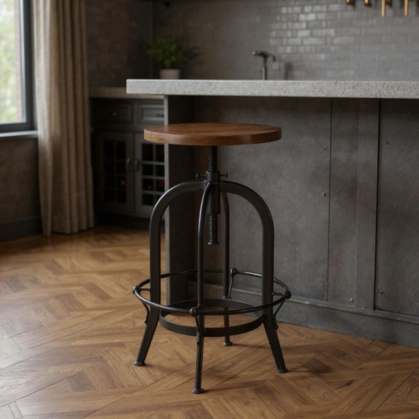 HomeRoots Brown Adjustable Height Swivel Bar Chair - Rustic Acacia Wood & Black Metal, Ideal for Home Bars 554617