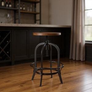 HomeRoots Brown Adjustable Height Swivel Bar Chair - Rustic Acacia Wood & Black Metal, Ideal for Home Bars 554617