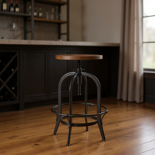 HomeRoots Brown Adjustable Height Swivel Bar Chair - Rustic Acacia Wood & Black Metal, Ideal for Home Bars 554617