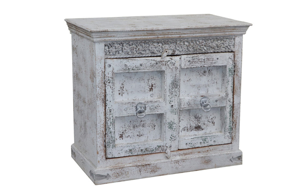 HomeRoots 44" White Distressed Solid Wood Sideboard - Rustic Charm with Ample Storage for Any Room 554633