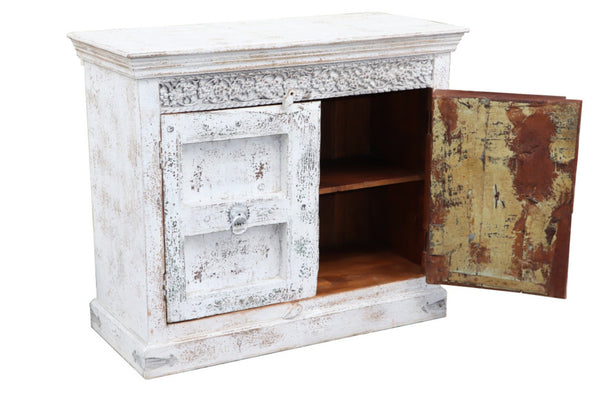 HomeRoots 44" White Distressed Solid Wood Sideboard - Rustic Charm with Ample Storage for Any Room 554633