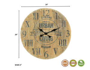 Homeroots 24" Elegant Natural Distressed Solid Wood Silent Analog Round Wall Clock For Timeless Home Décor   554636