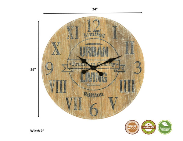 Homeroots 24" Elegant Natural Distressed Solid Wood Silent Analog Round Wall Clock For Timeless Home Décor   554636