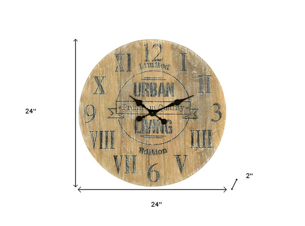 Homeroots 24" Elegant Natural Distressed Solid Wood Silent Analog Round Wall Clock For Timeless Home Décor   554636
