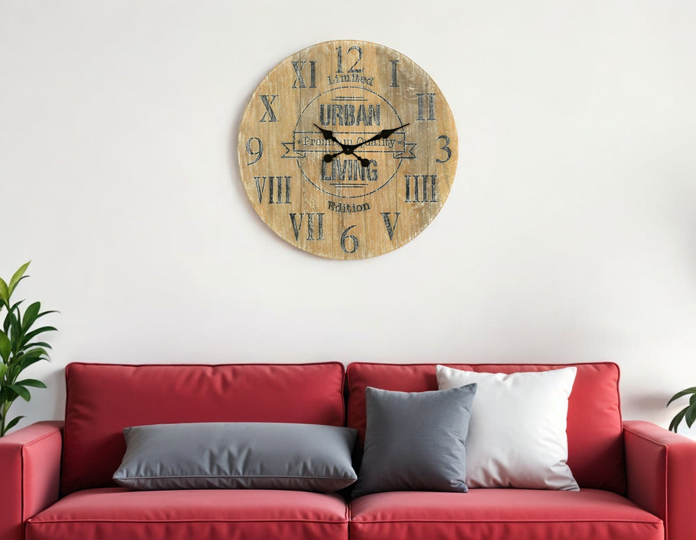 Homeroots 24" Elegant Natural Distressed Solid Wood Silent Analog Round Wall Clock For Timeless Home Décor   554636