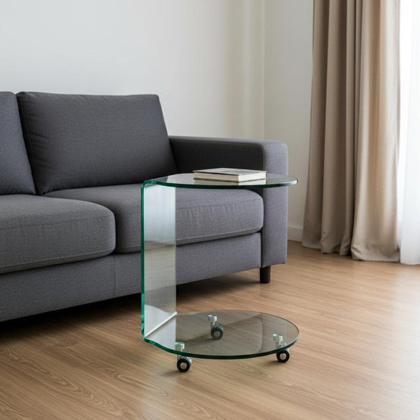 HomeRoots 24" Clear Glass Round End Table with Caster Wheels – Modern Two-Tier Design for Stylish Storage & Mobility 554638