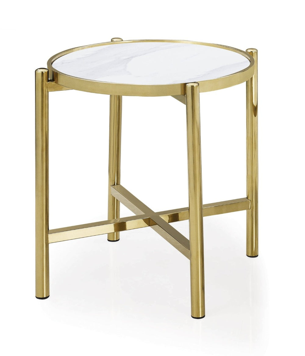 HomeRoots 22" Chic Gold & White Faux Marble Round End Table with Sculptural Metal Cross Legs for Modern Spaces 554641