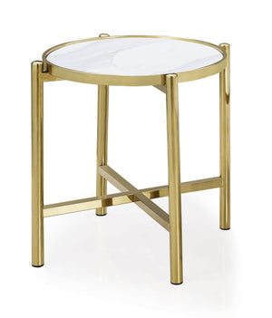 HomeRoots 22" Chic Gold & White Faux Marble Round End Table with Sculptural Metal Cross Legs for Modern Spaces 554641