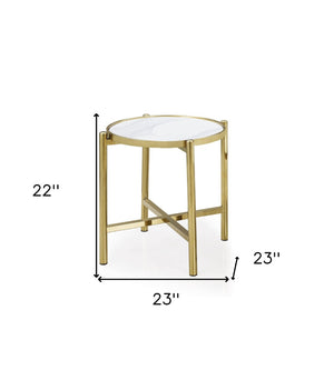 HomeRoots 22" Chic Gold & White Faux Marble Round End Table with Sculptural Metal Cross Legs for Modern Spaces 554641