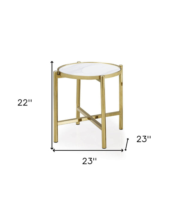 HomeRoots 22" Chic Gold & White Faux Marble Round End Table with Sculptural Metal Cross Legs for Modern Spaces 554641