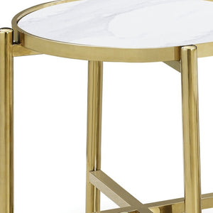 HomeRoots 22" Chic Gold & White Faux Marble Round End Table with Sculptural Metal Cross Legs for Modern Spaces 554641