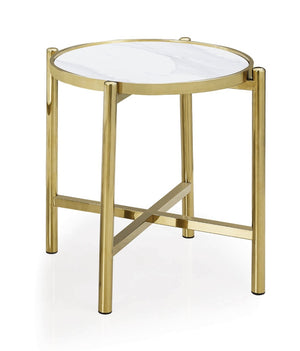 HomeRoots 22" Chic Gold & White Faux Marble Round End Table with Sculptural Metal Cross Legs for Modern Spaces 554641