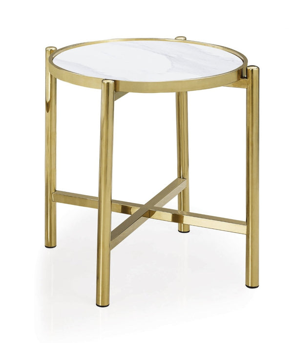 HomeRoots 22" Chic Gold & White Faux Marble Round End Table with Sculptural Metal Cross Legs for Modern Spaces 554641