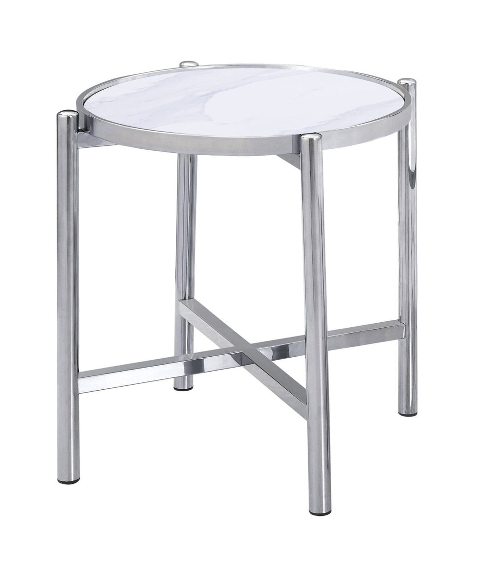 HomeRoots 22" Chic Round End Table with White Faux Marble Top and Sleek Silver Cross Legs for Modern Spaces 554642