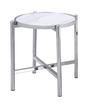 HomeRoots 22" Chic Round End Table with White Faux Marble Top and Sleek Silver Cross Legs for Modern Spaces 554642