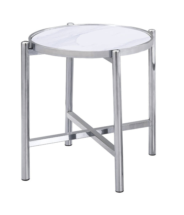 HomeRoots 22" Chic Round End Table with White Faux Marble Top and Sleek Silver Cross Legs for Modern Spaces 554642
