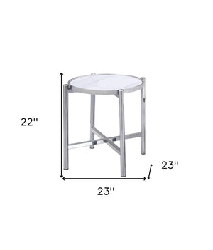 HomeRoots 22" Chic Round End Table with White Faux Marble Top and Sleek Silver Cross Legs for Modern Spaces 554642