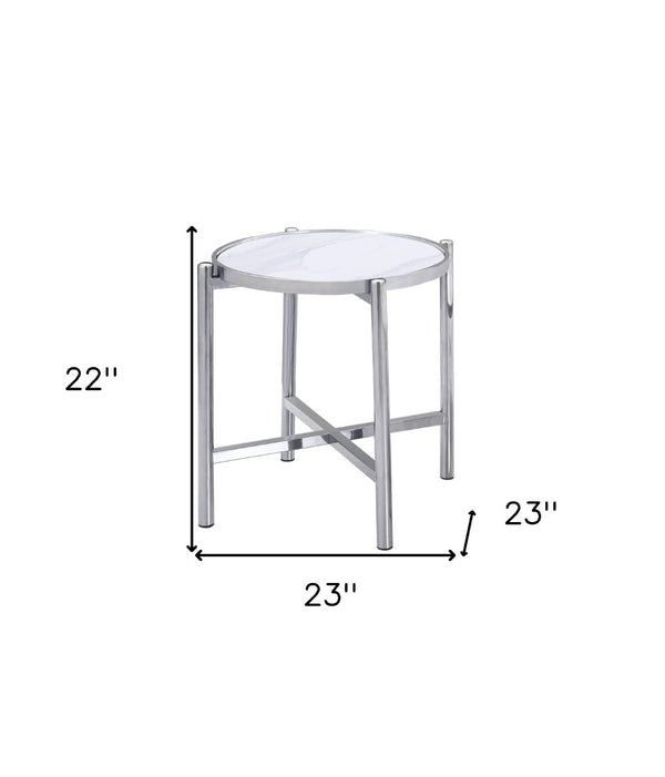 HomeRoots 22" Chic Round End Table with White Faux Marble Top and Sleek Silver Cross Legs for Modern Spaces 554642